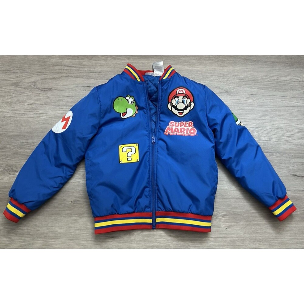 Kids Nintendo Super Mario Varsity Bomber Jacket Youth Blue Size 10-12